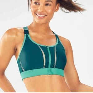 FABLETICS Zoe Sports Bra Teal Turquoise Front Zip Size Small